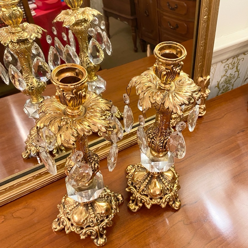 Antique 1952 Hollywood Regency Brass Cut Crystal Candlesticks With Prisms RARE! - Picture 7 of 10